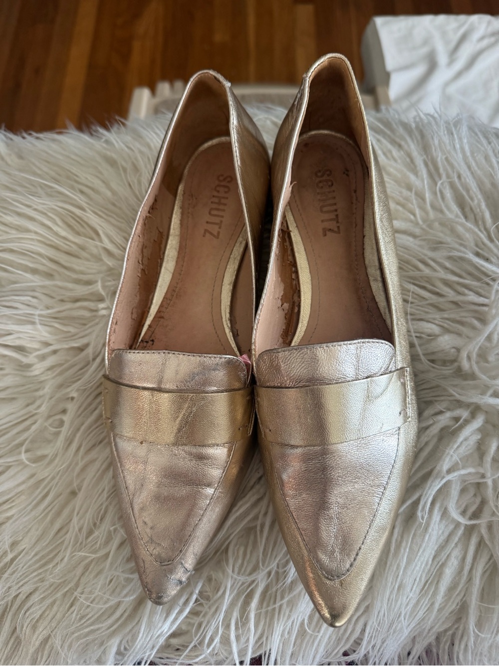 SCHUTZ Metallic Gold Pointed Loafers